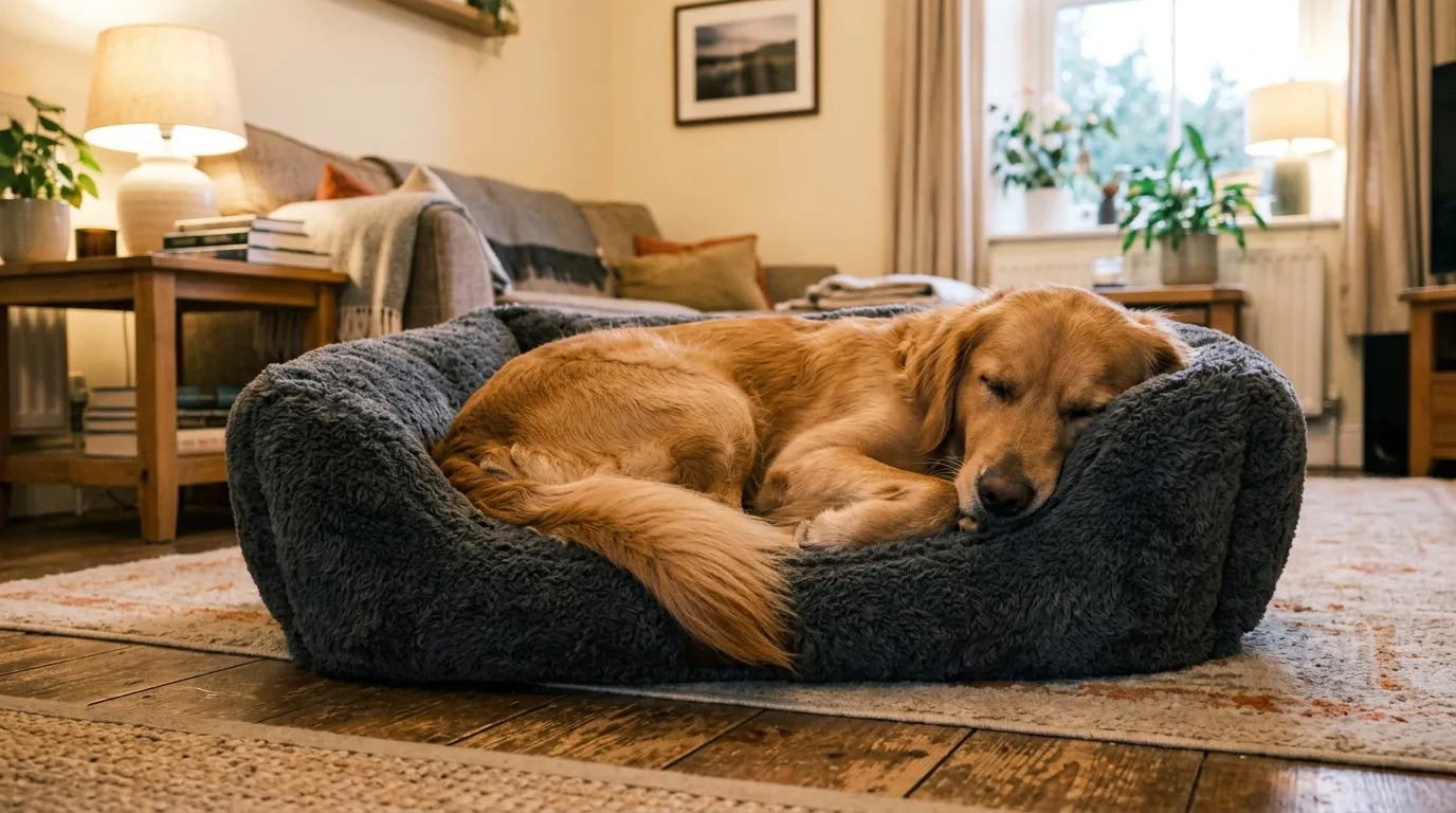 Perro durmiendo plácidamente acurrucado en una cama ortopédica acolchada
