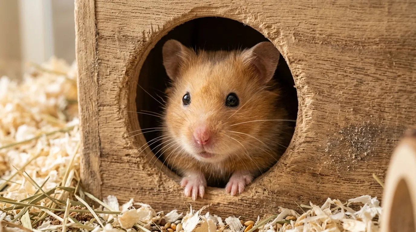 Hámster asomando la cabeza desde la entrada circular de una casita nido de madera