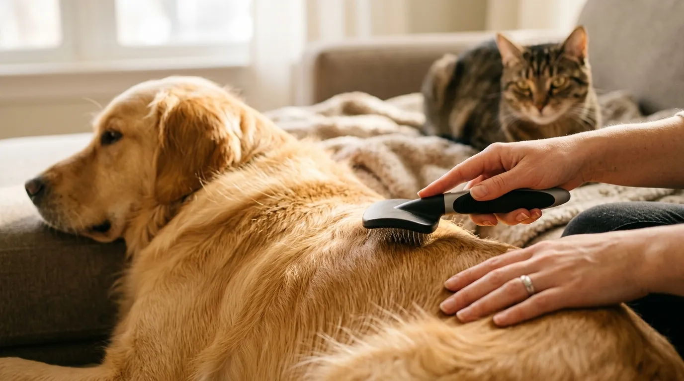 Cepillado suave del pelaje limpio de un perro con un cepillo ergonómico para mascotas