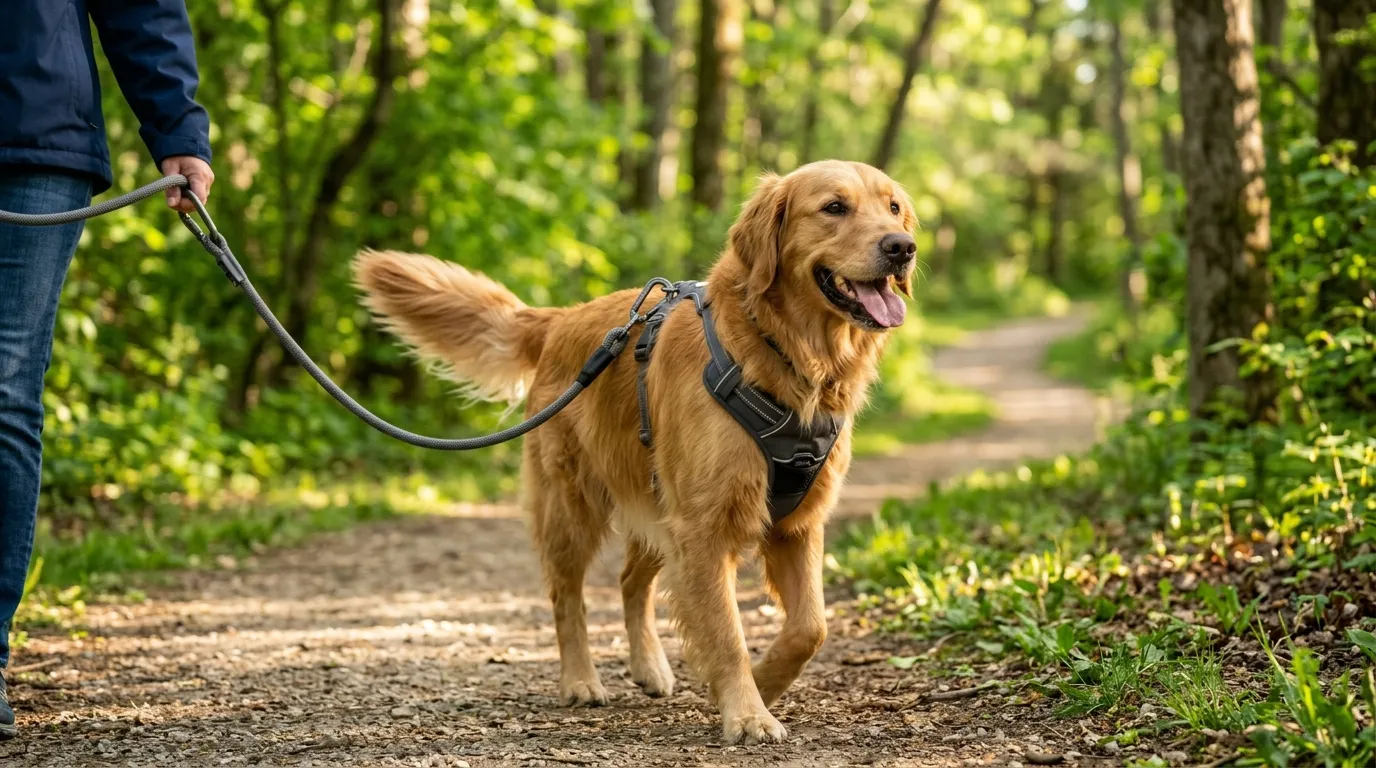 Perro caminando alegre por un sendero con un arnés ergonómico de pecho