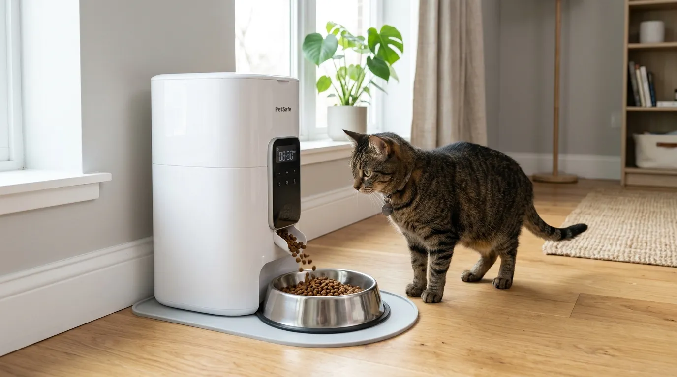 Comedero automático con temporizador dispensando alimento seco para un gato curioso