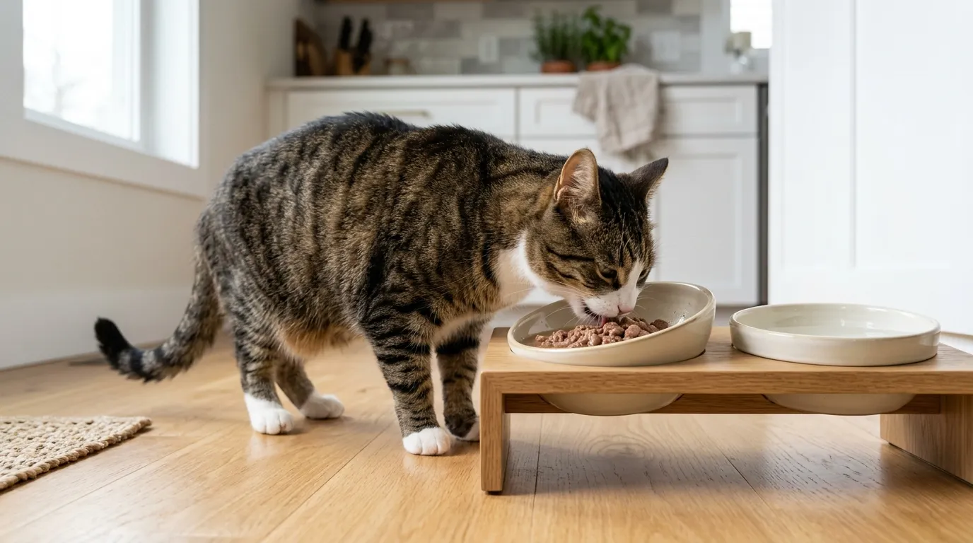 Gato comiendo cómodamente de un plato cerámico elevado e inclinado en soporte de madera