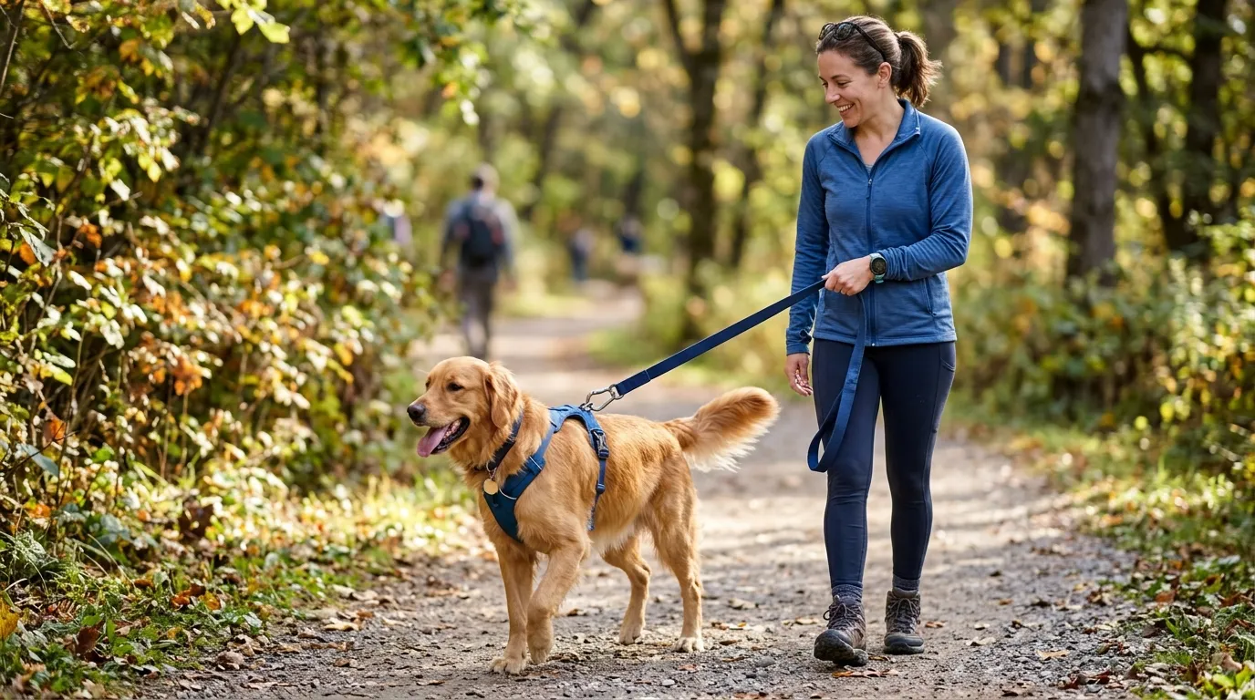 Persona paseando a su perro con una correa fija resistente por un sendero arbolado