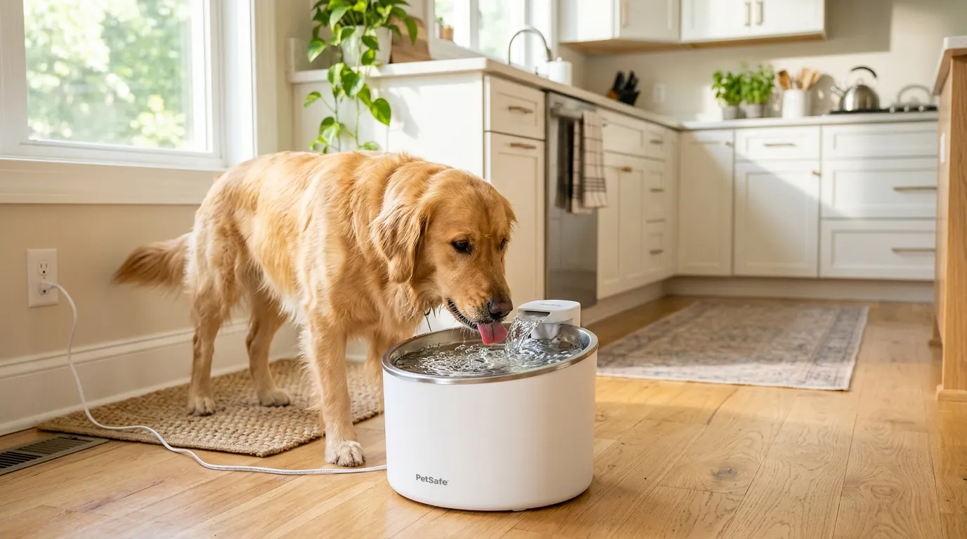 Fuente de agua automática con sensor de movimiento y perro bebiendo agua fresca