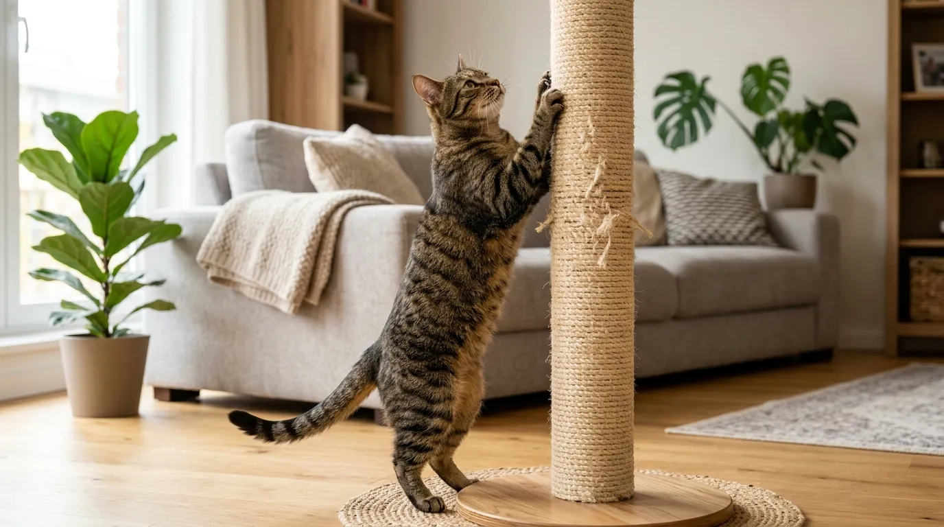 Gato atigrado estirándose y rascando un poste rascador alto de sisal natural en la sala de estar
