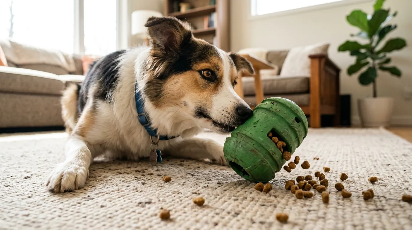 Perro empujando un juguete interactivo dispensador de premios con croquetas saliendo