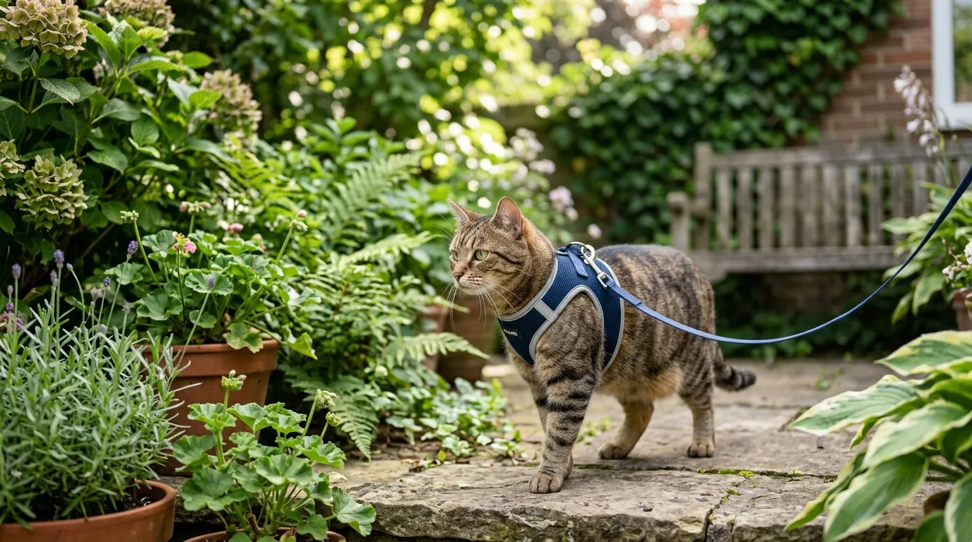 Gato paseando por un patio ajardinado con un arnés acolchado y correa