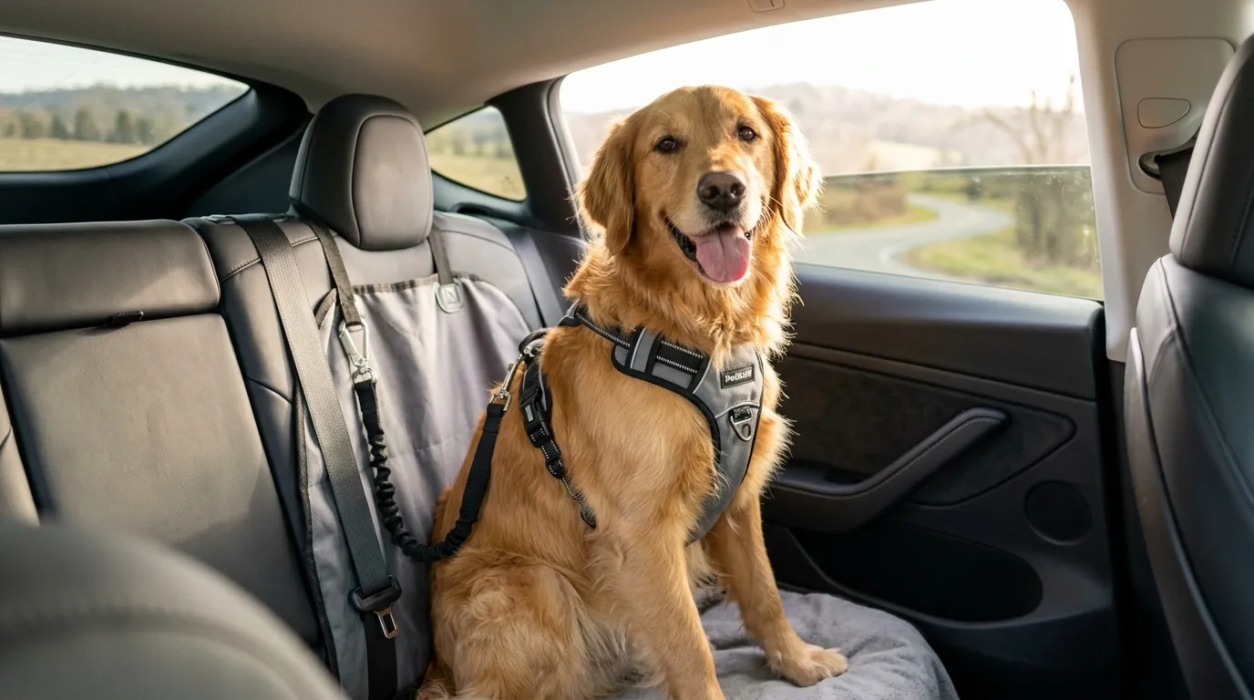 Perro feliz y seguro en el asiento trasero de un auto con arnés de seguridad anclado al cinturón