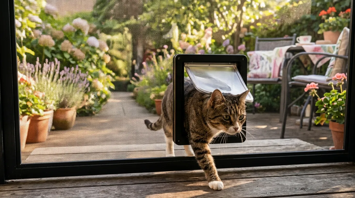 Gato pasando a través de una puerta abatible para mascotas instalada en una mosquitera