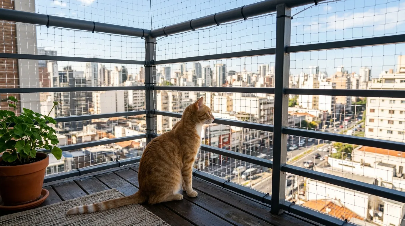 Malla de seguridad transparente instalada en balcón con gato mirando seguro hacia la ciudad