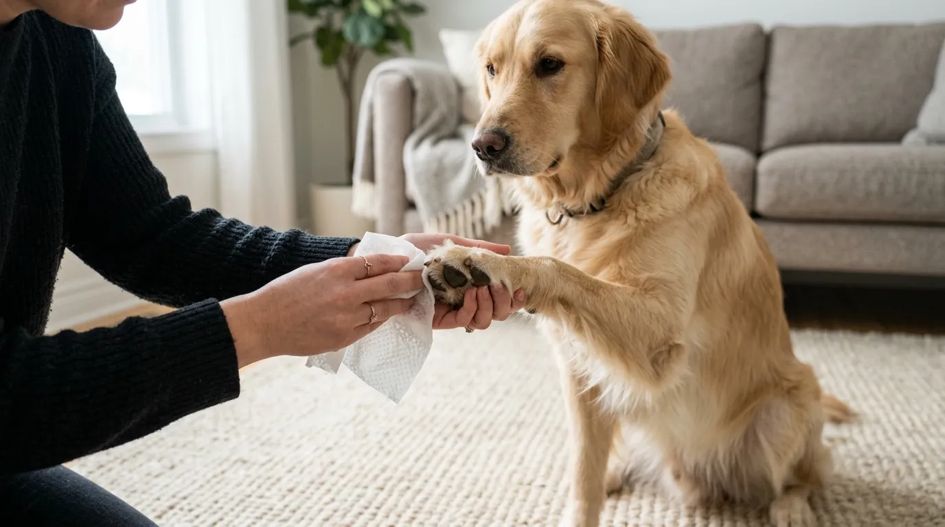 Limpieza suave de pata de perro con una toallita húmeda especial para mascotas